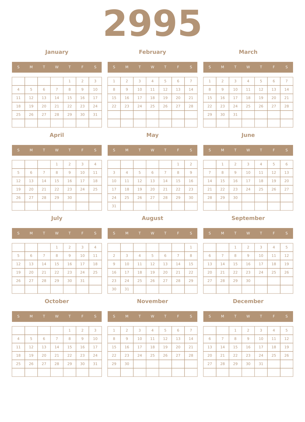 Printable 2995 Year Calendars isabelline
