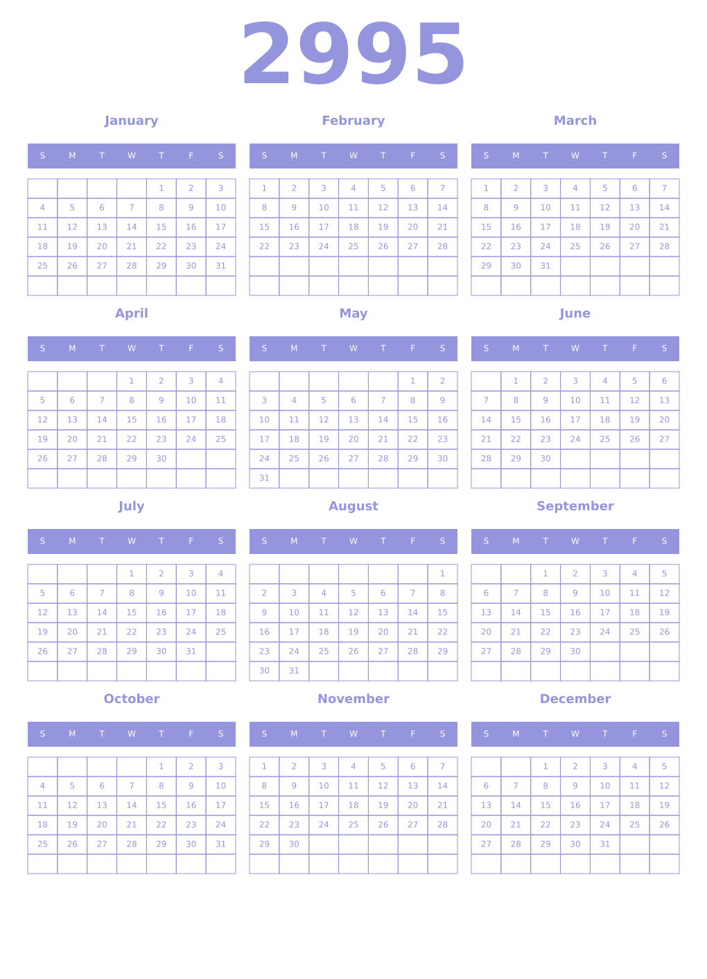 Printable 2995 Year Calendars periwinkle