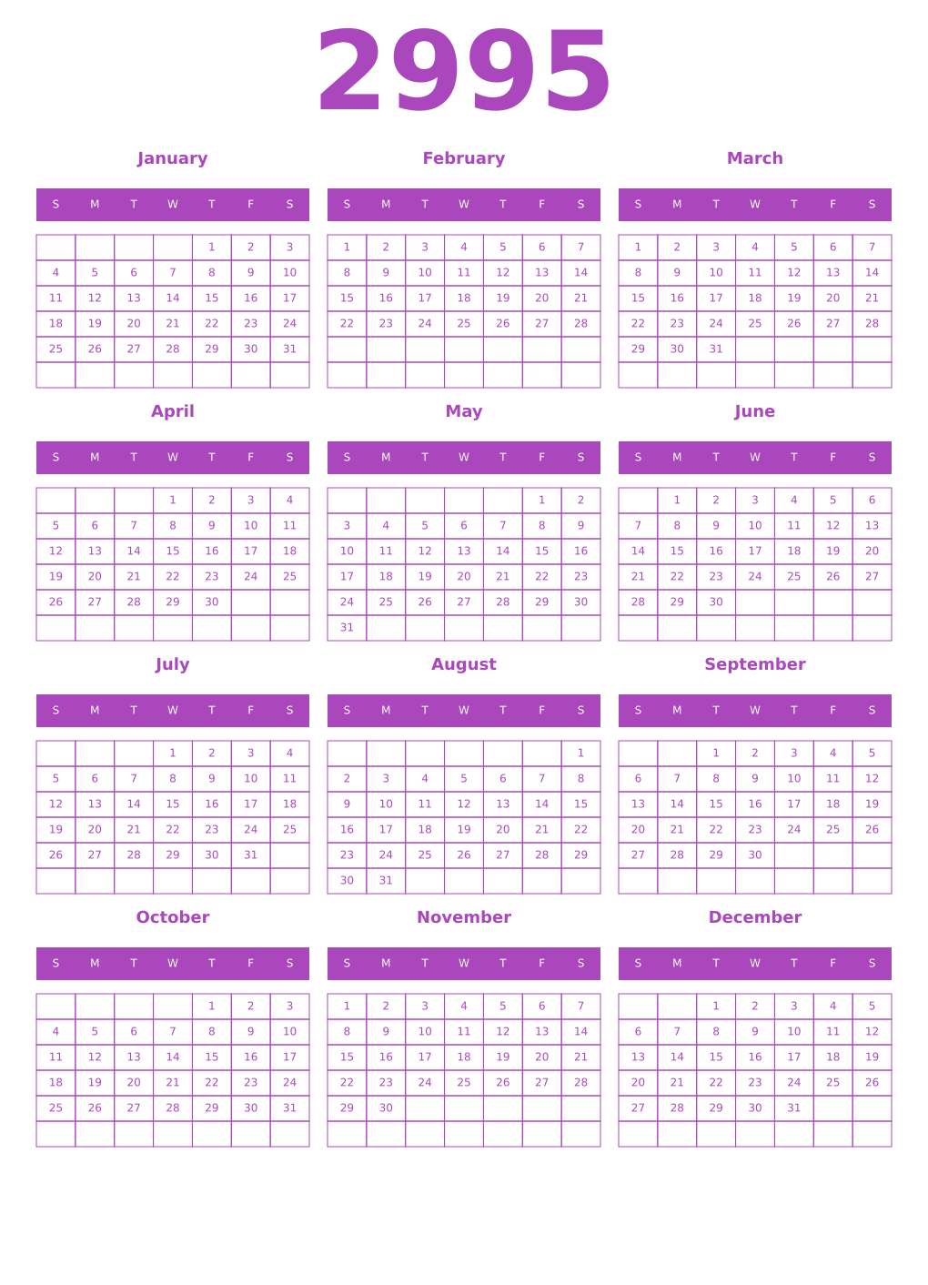 Printable 2995 Year Calendars purple