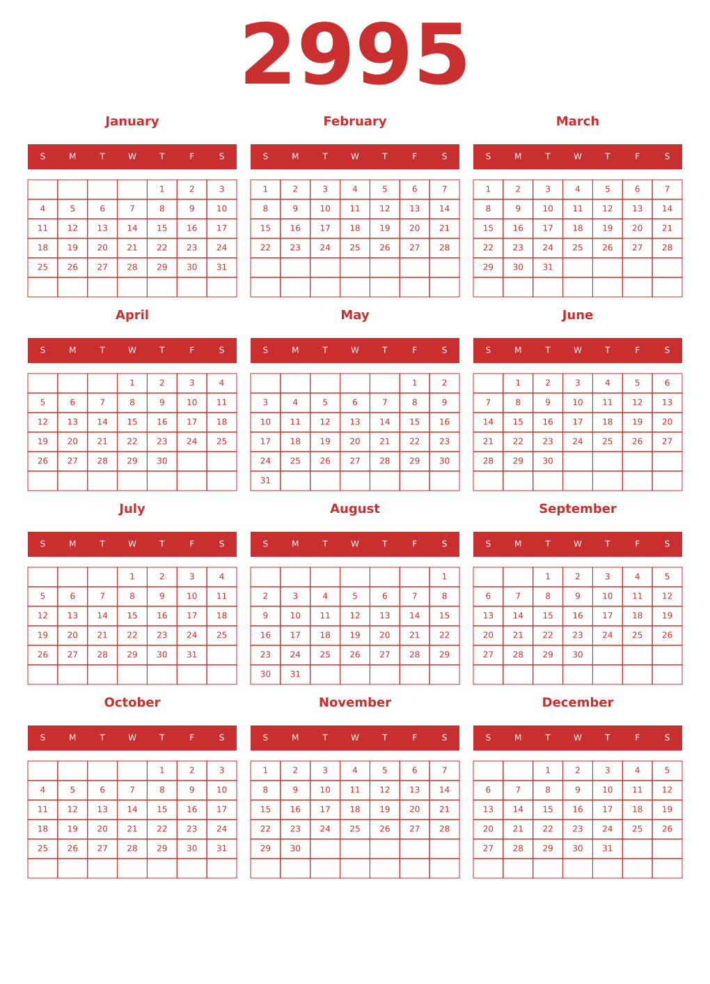 Printable 2995 Year Calendars red