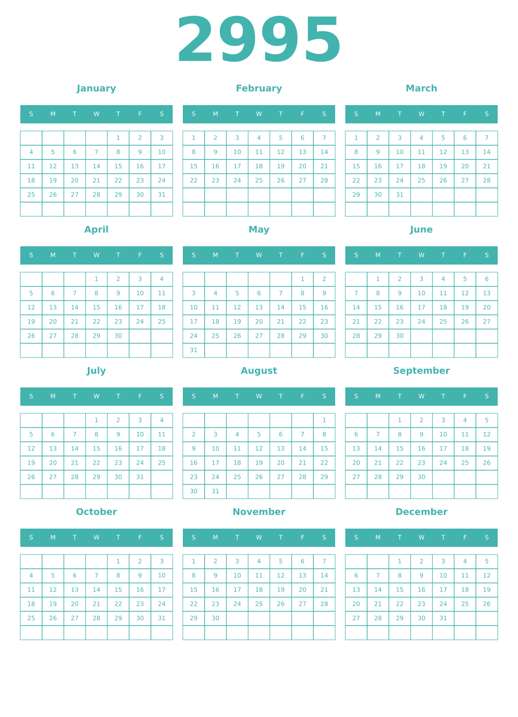 Printable 2995 Year Calendars verdigris