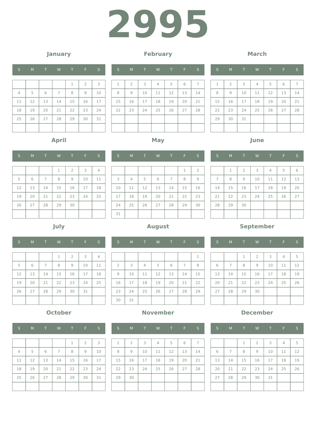 Printable 2995 Year Calendars xanadu
