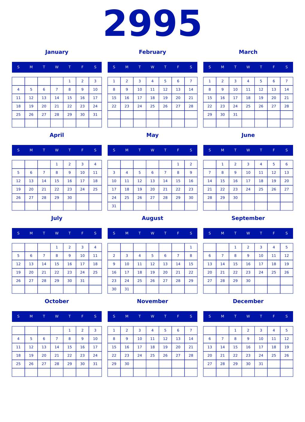Printable 2995 Year Calendars zaffre
