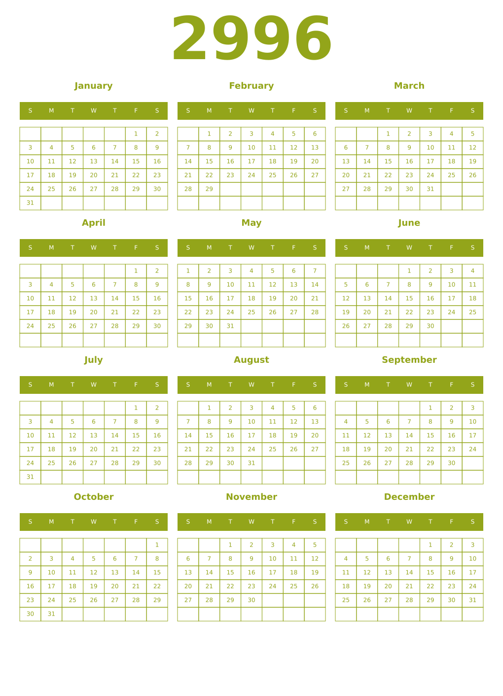 Printable 2996 Year Calendars chartreuse