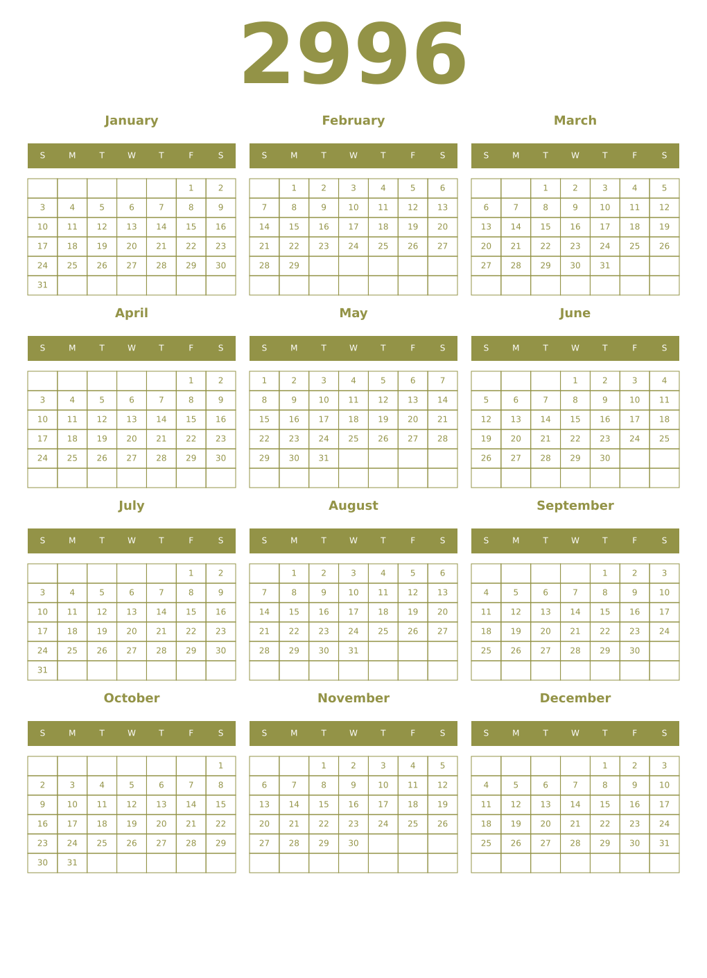 Printable 2996 Year Calendars eburnean