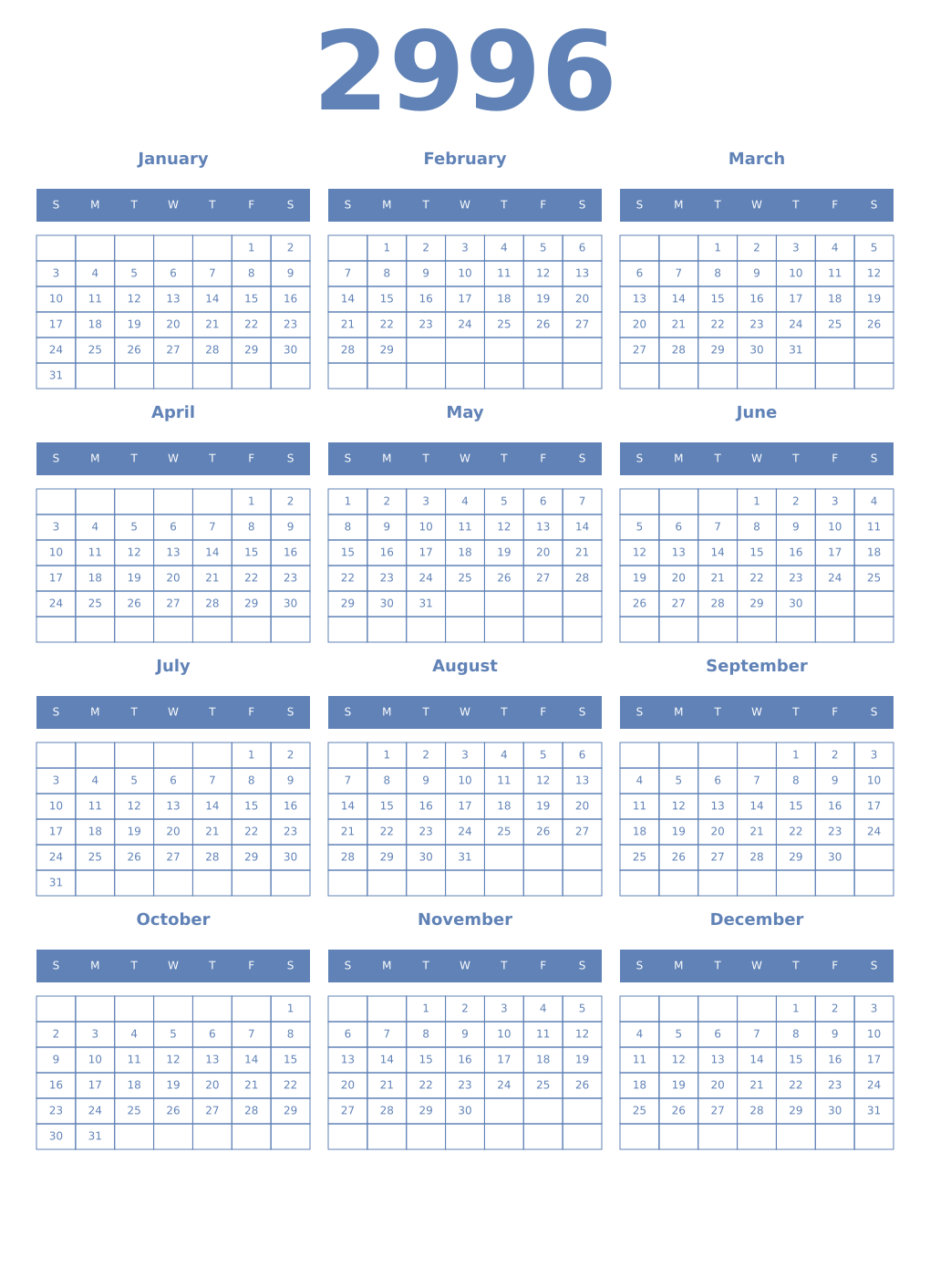 Printable 2996 Year Calendars glaucous
