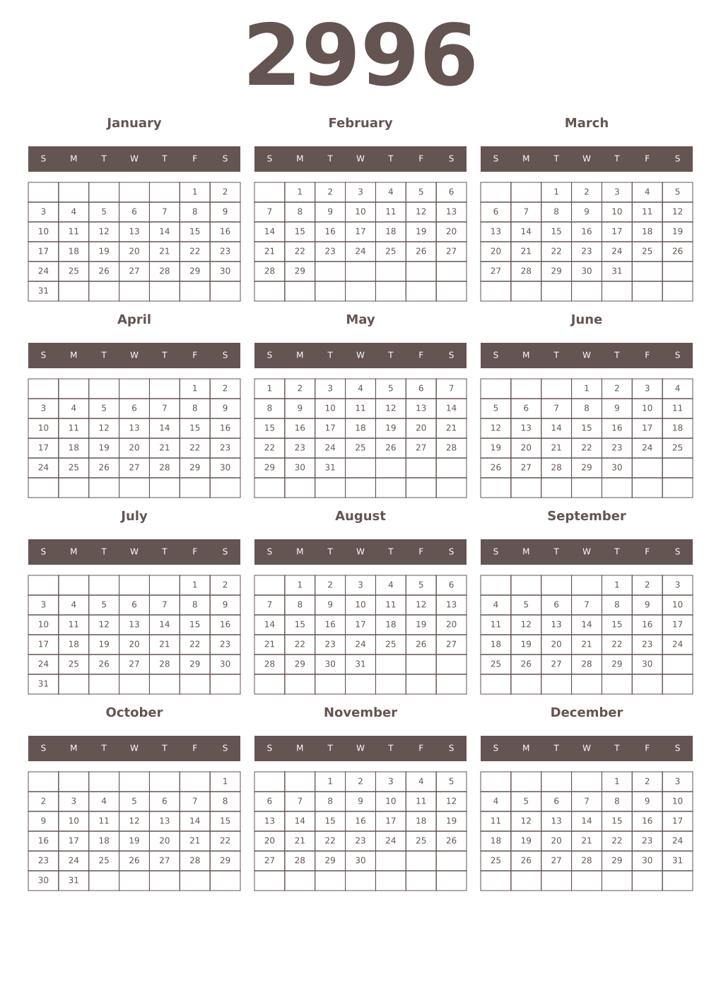 Printable 2996 Year Calendars wenge