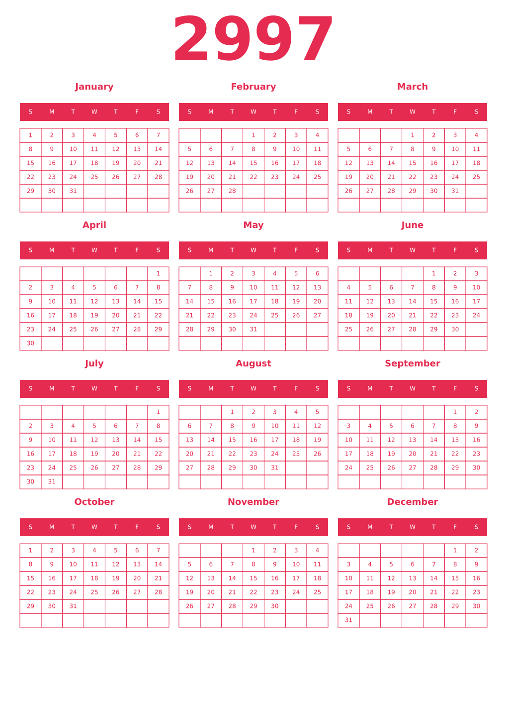 Printable 2997 Year Calendars amaranth