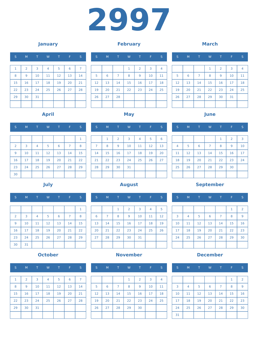 Printable 2997 Year Calendars blue