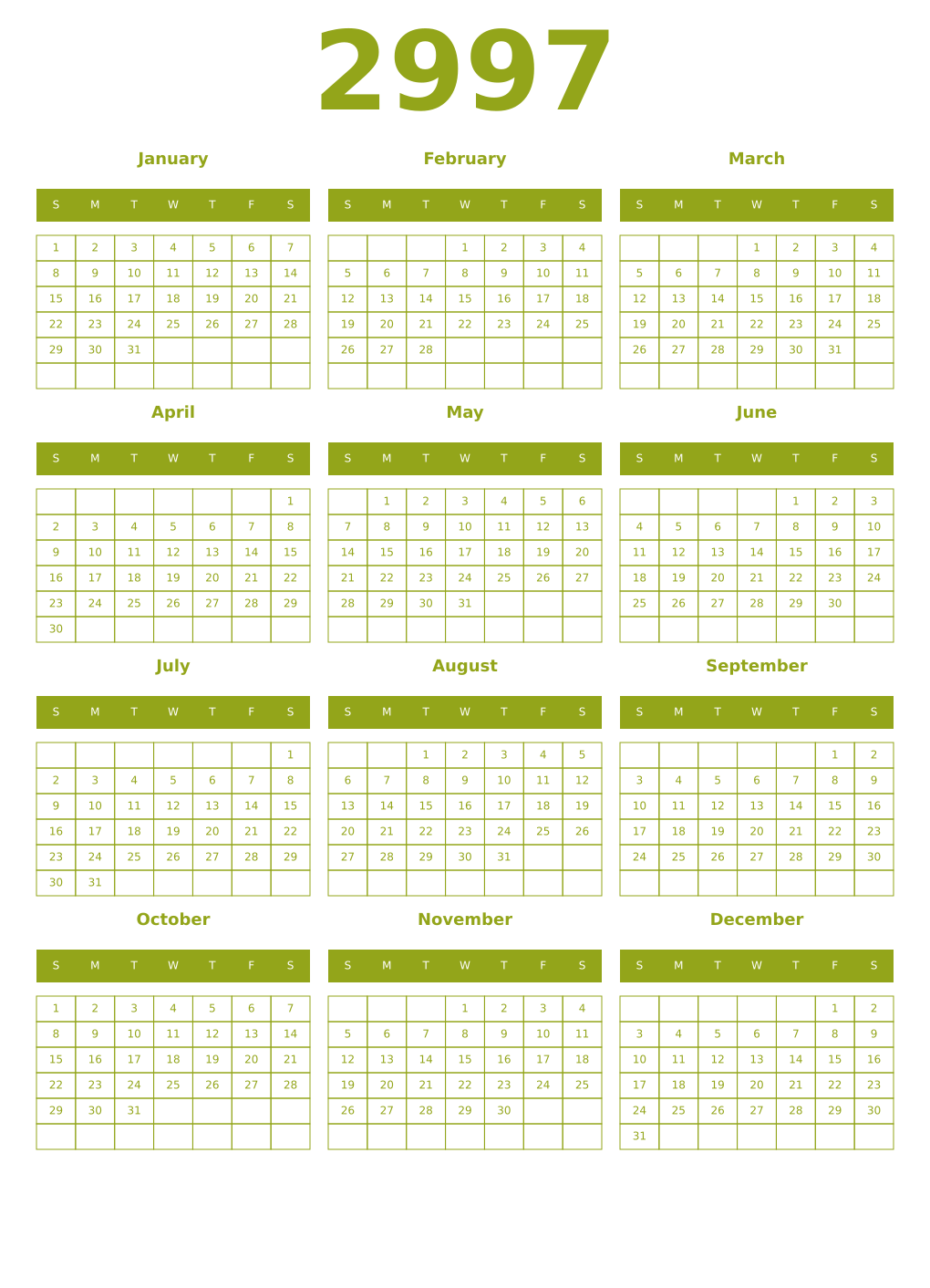 Printable 2997 Year Calendars chartreuse