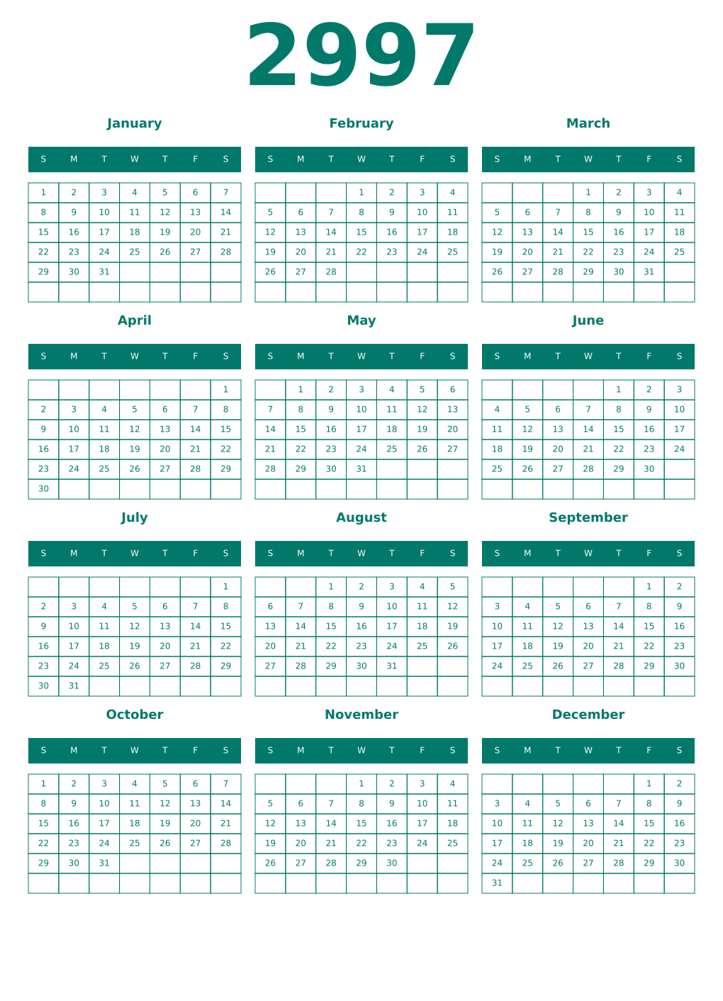 Printable 2997 Year Calendars pastel