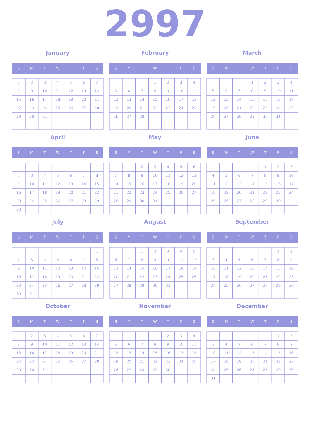 Printable 2997 Year Calendars periwinkle