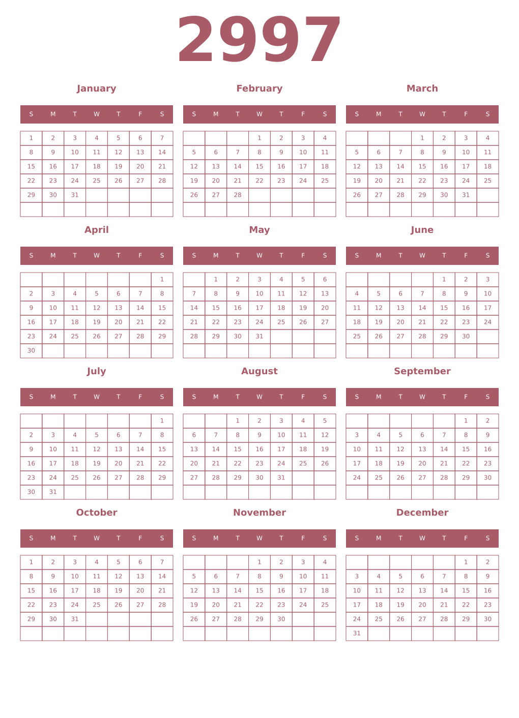 Printable 2997 Year Calendars puce