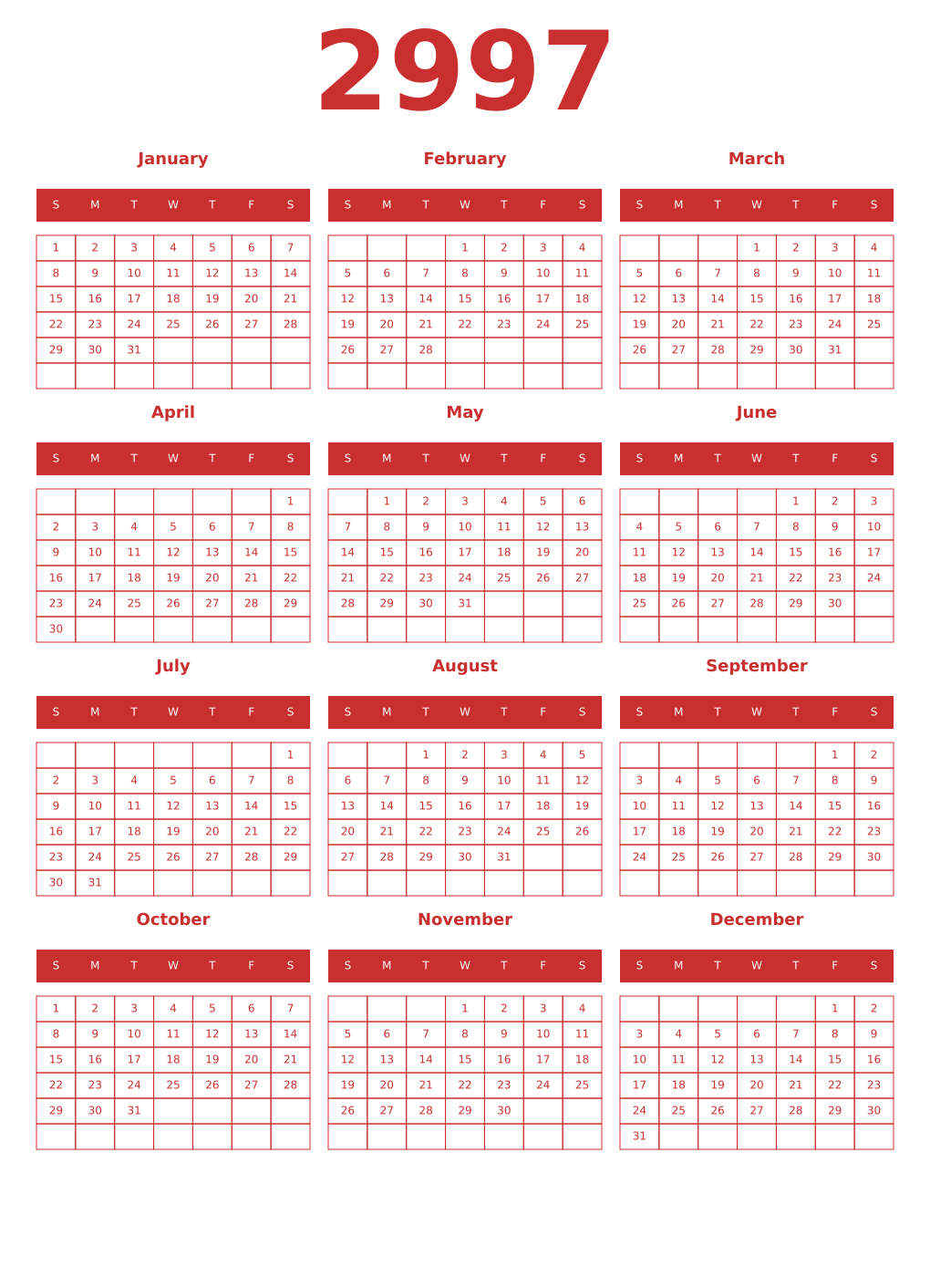 Printable 2997 Year Calendars red