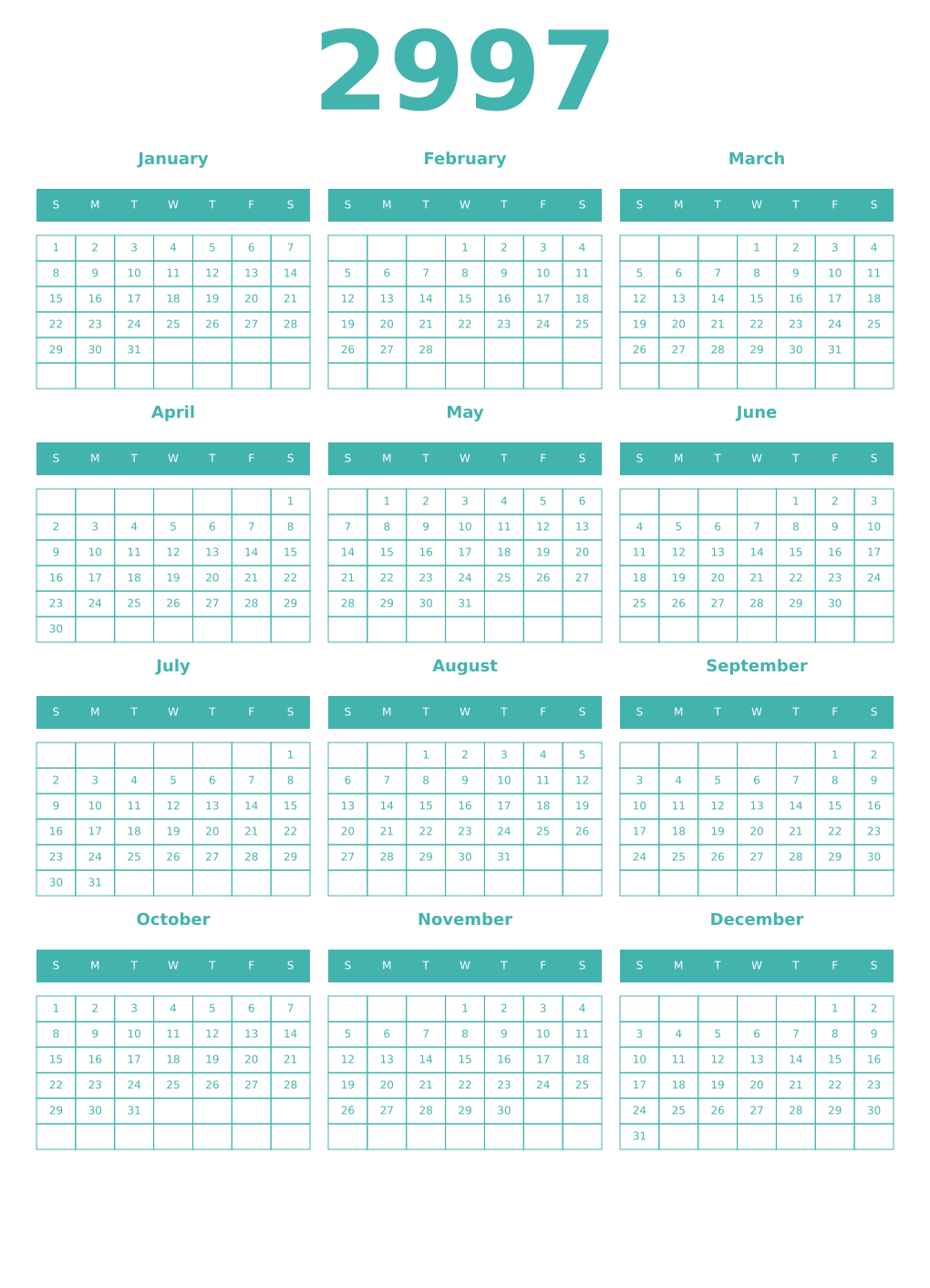 Printable 2997 Year Calendars verdigris