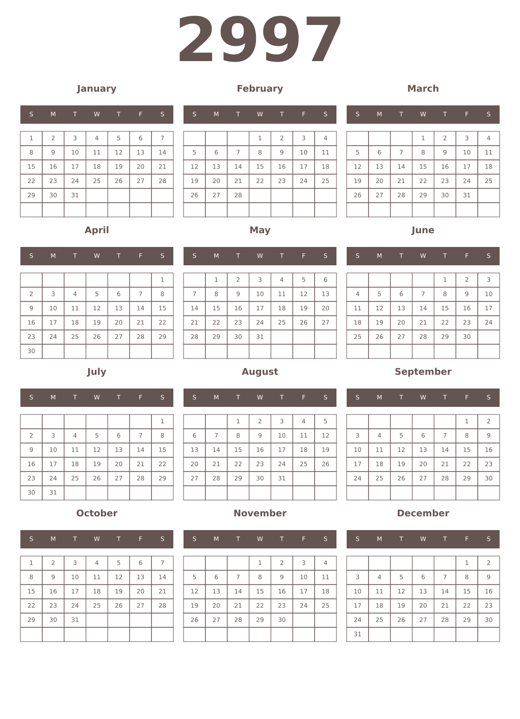 Printable 2997 Year Calendars wenge