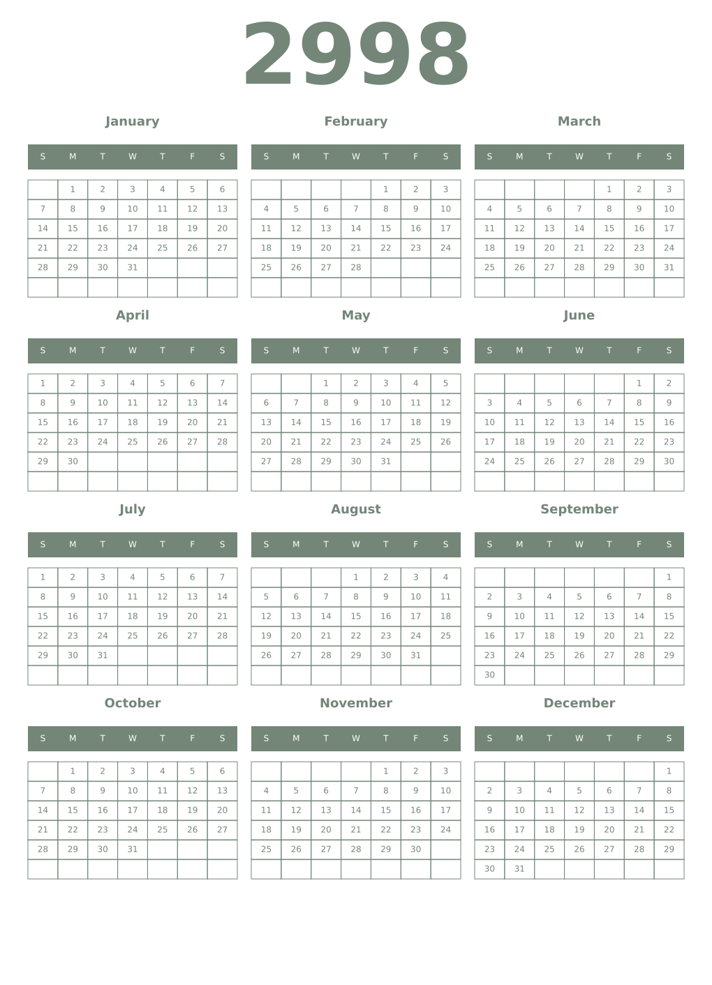 Printable 2998 Year Calendars xanadu