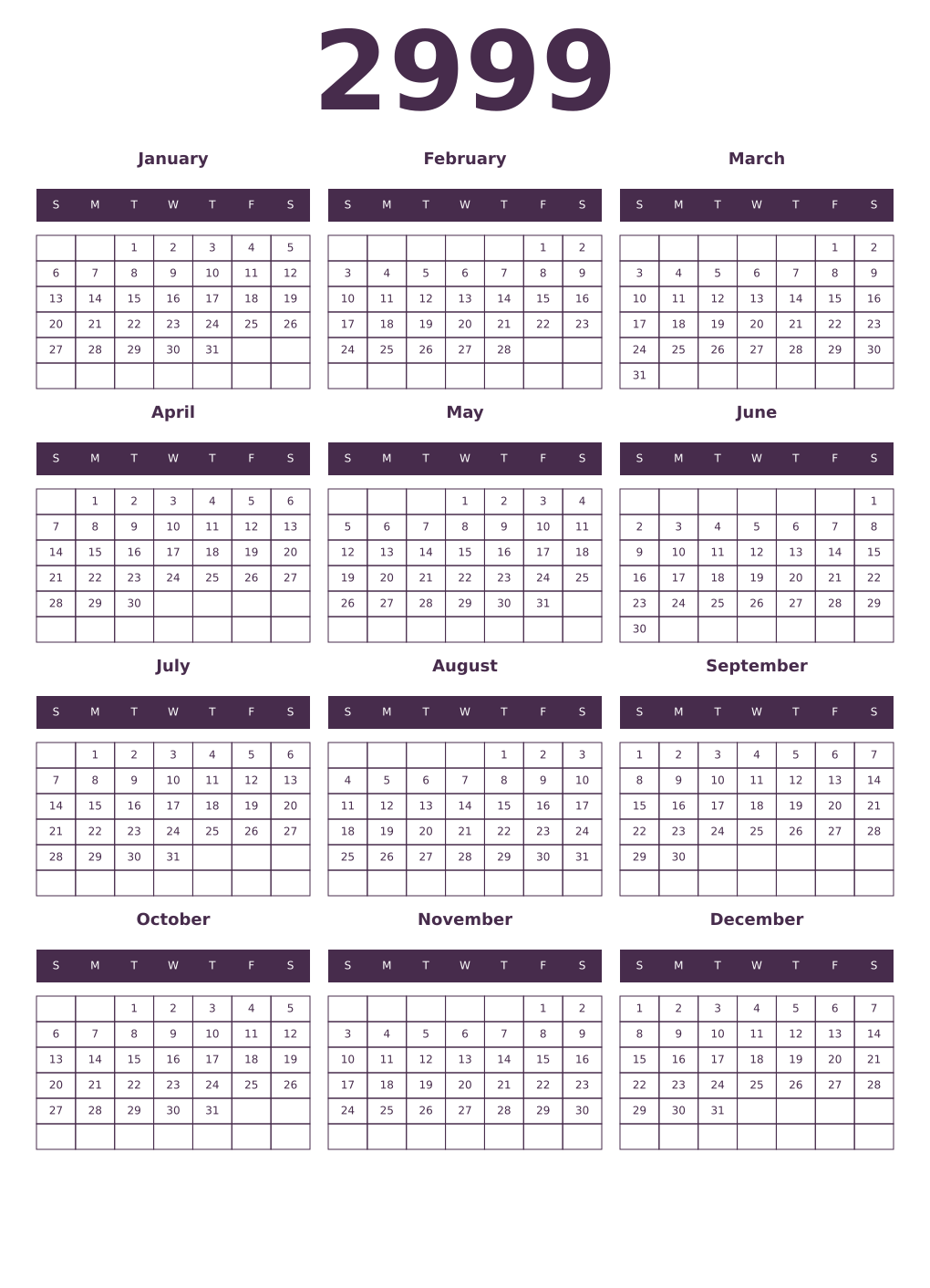 Printable 2999 Year Calendars aubergine