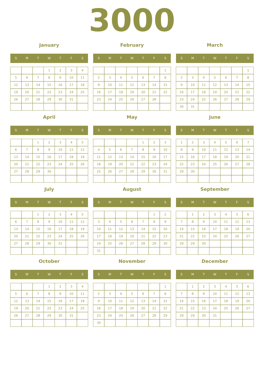 Printable 3000 Year Calendars eburnean