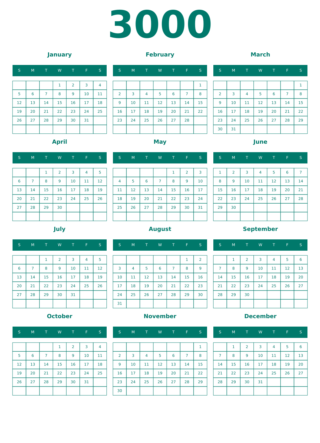 Printable 3000 Year Calendars pastel