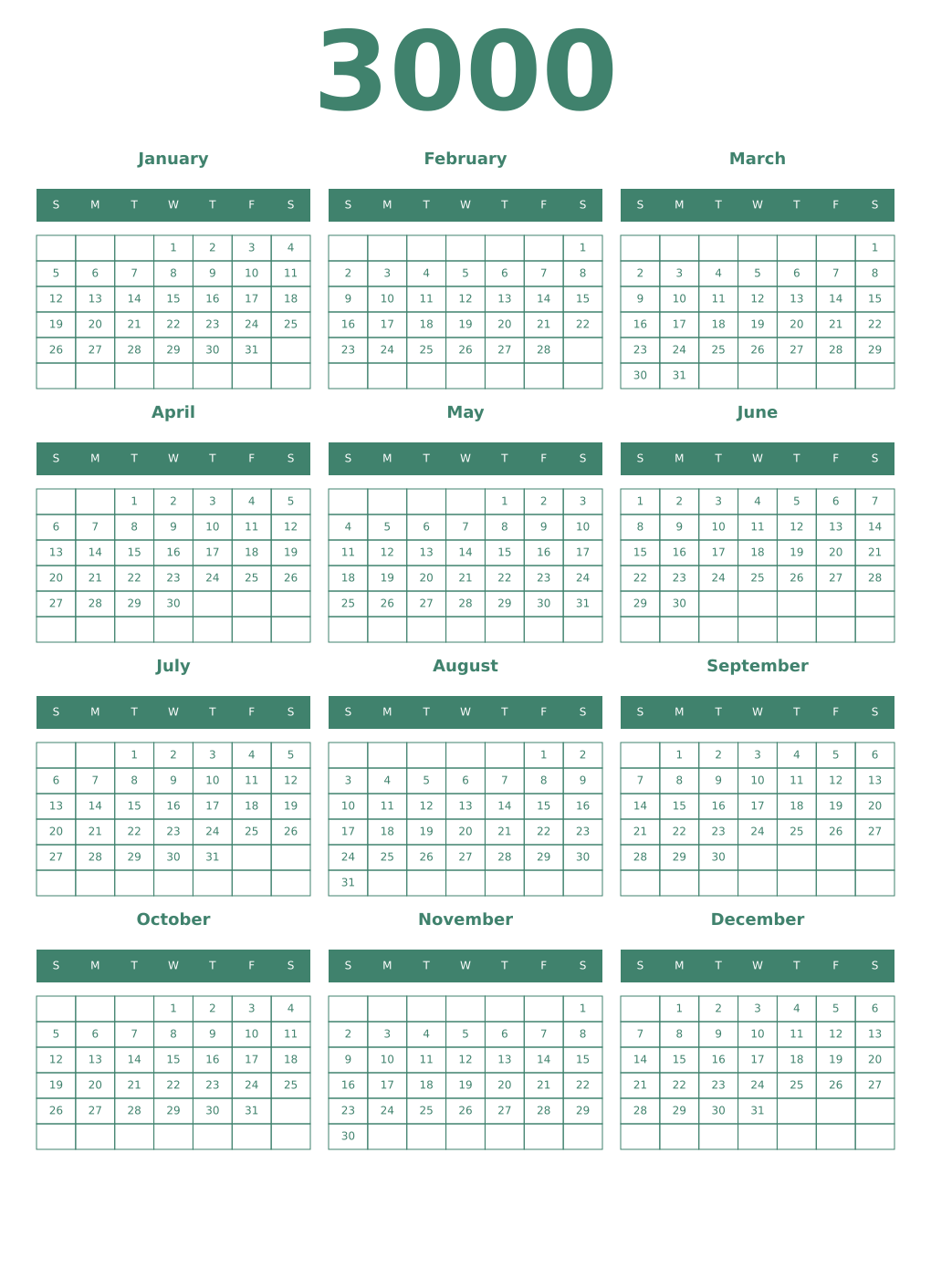 Printable 3000 Year Calendars viridian