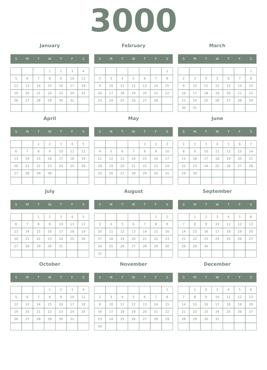 Printable 3000 Year Calendars xanadu