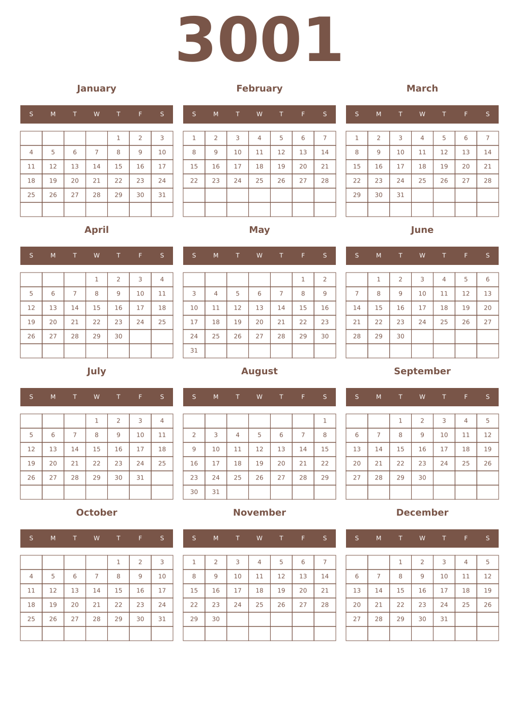 Printable 3001 Year Calendars coffe
