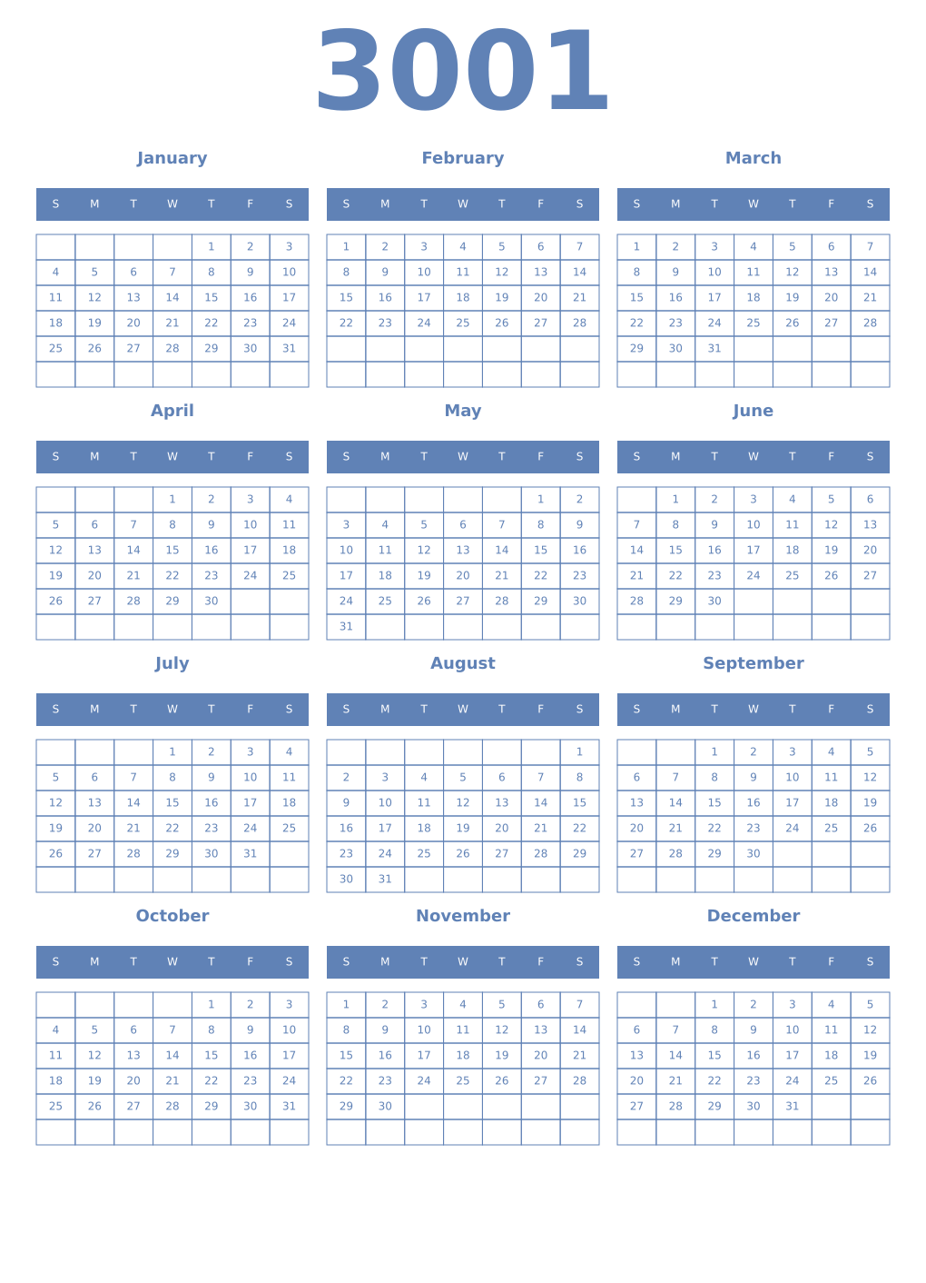 Printable 3001 Year Calendars glaucous
