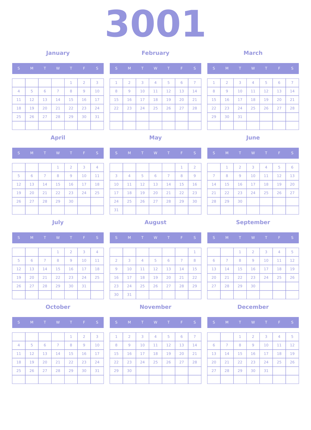 Printable 3001 Year Calendars periwinkle