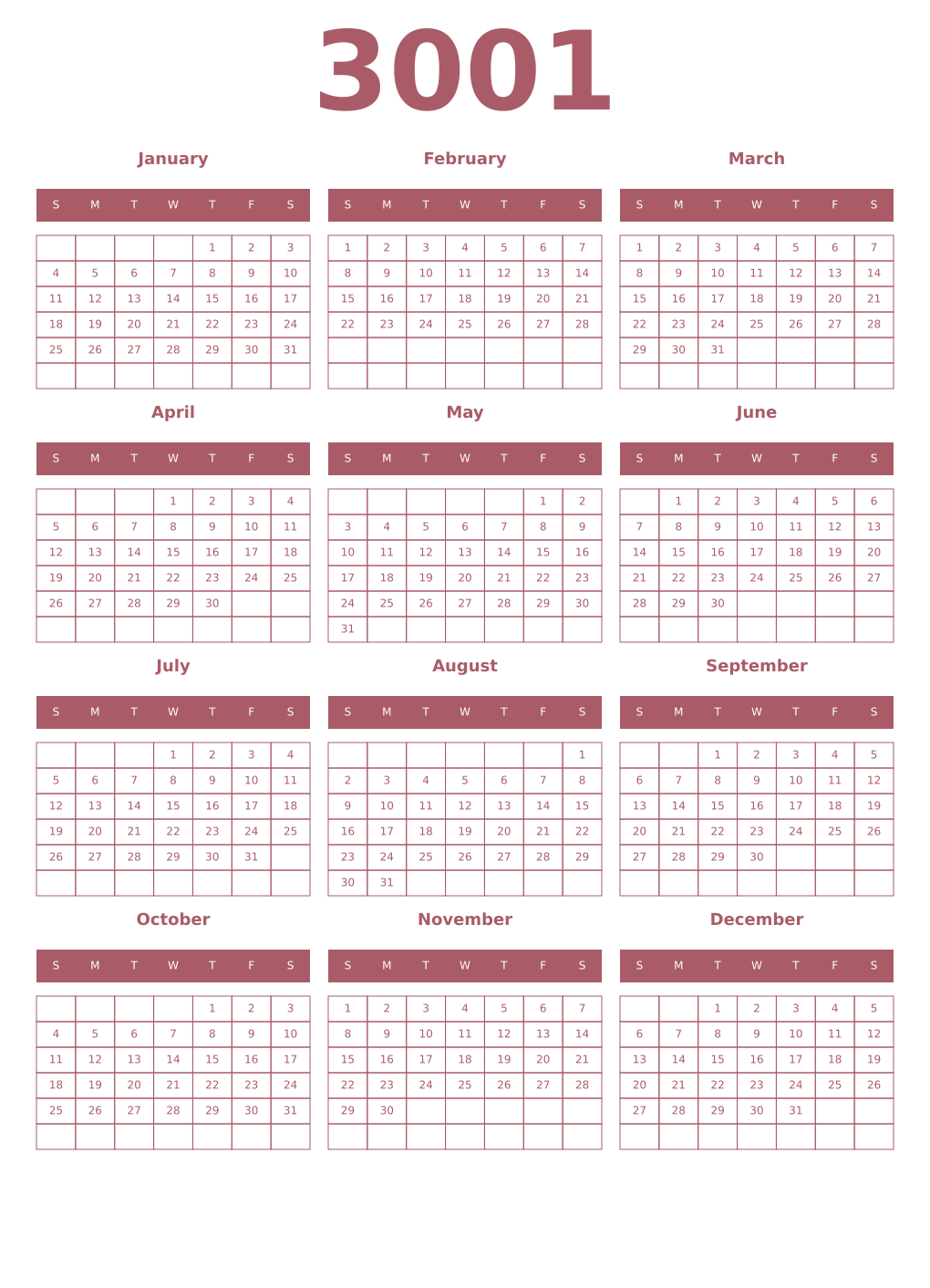 Printable 3001 Year Calendars puce