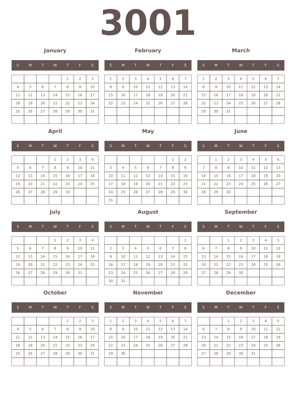 Printable 3001 Year Calendars wenge