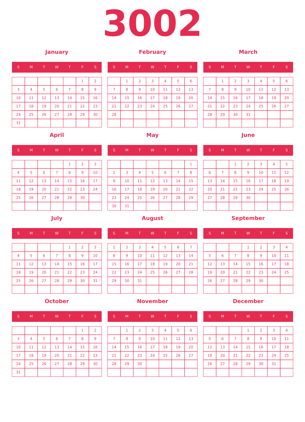 Printable 3002 Year Calendars amaranth