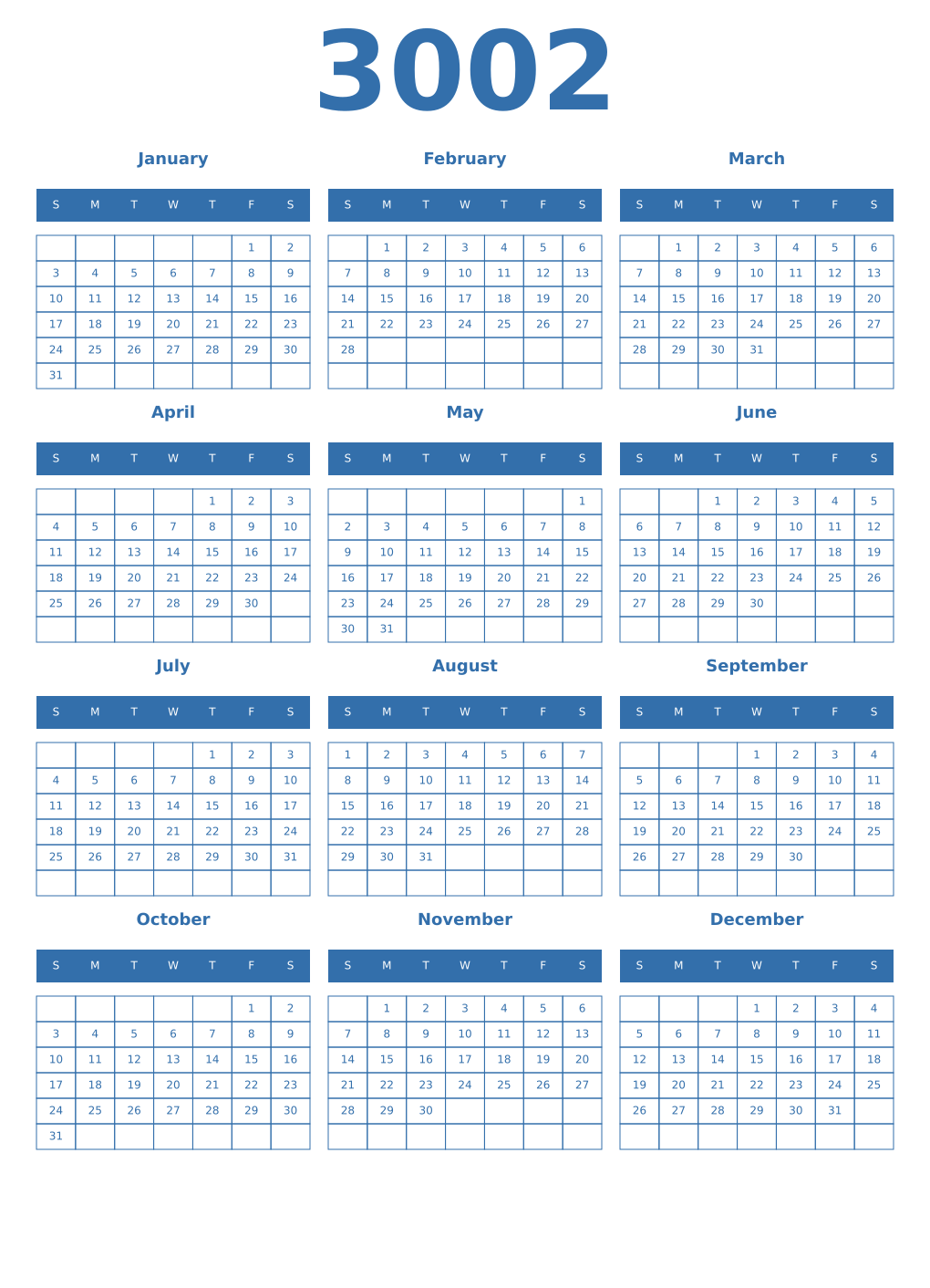 Printable 3002 Year Calendars blue