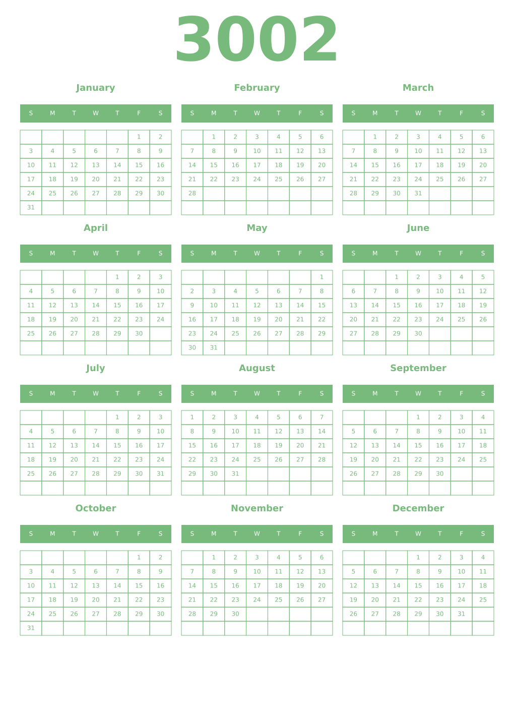 Printable 3002 Year Calendars celadon