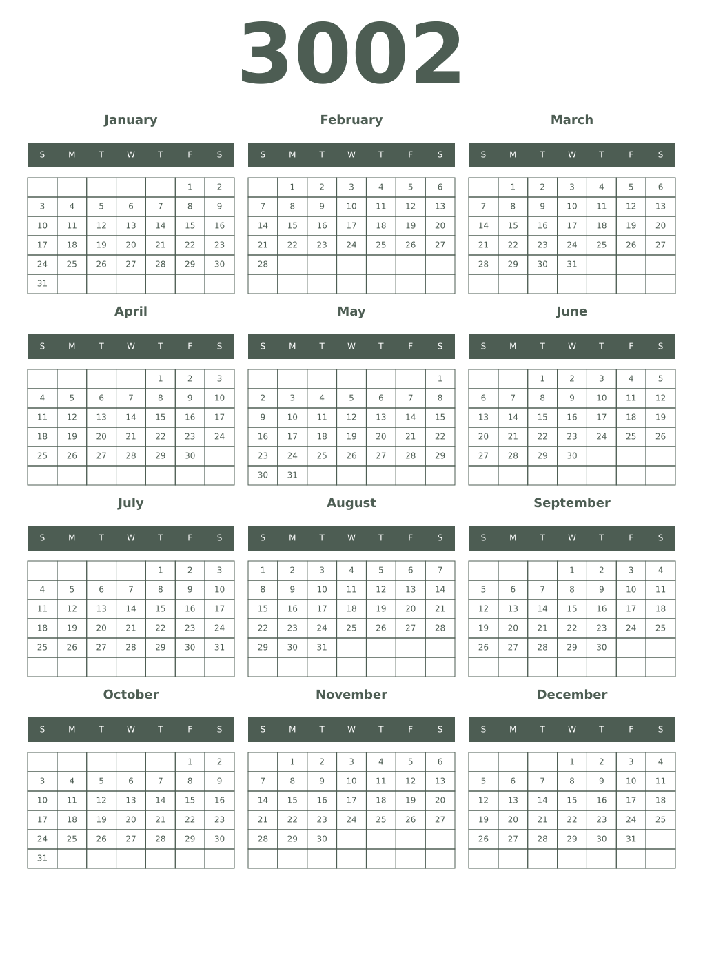 Printable 3002 Year Calendars feldgrau