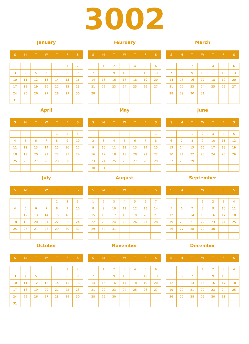 Printable 3002 Year Calendars gamboge