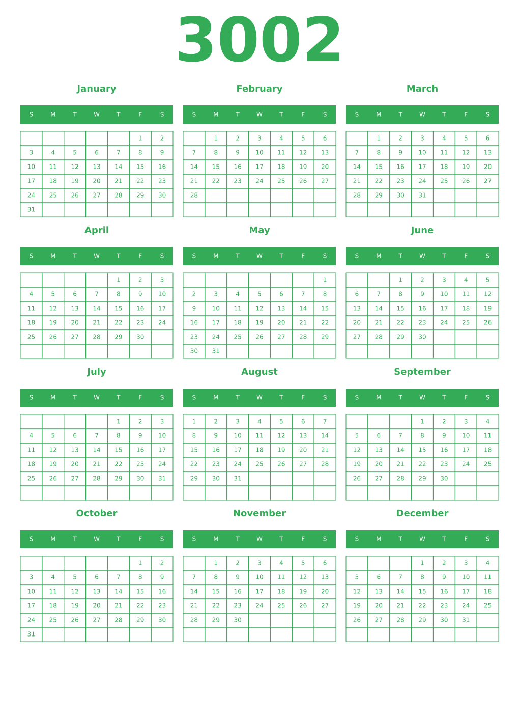 Printable 3002 Year Calendars green
