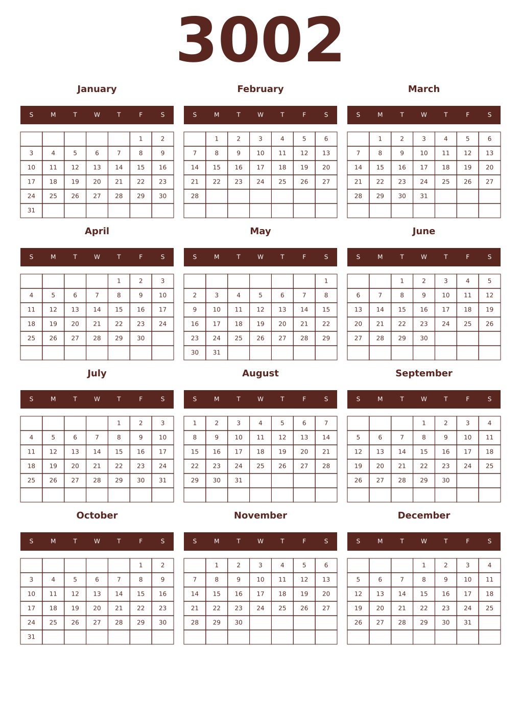 Printable 3002 Year Calendars mortuum