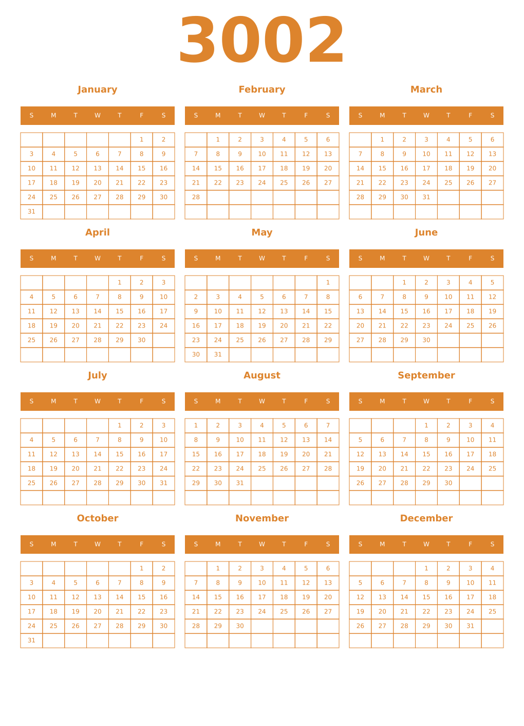 Printable 3002 Year Calendars orange