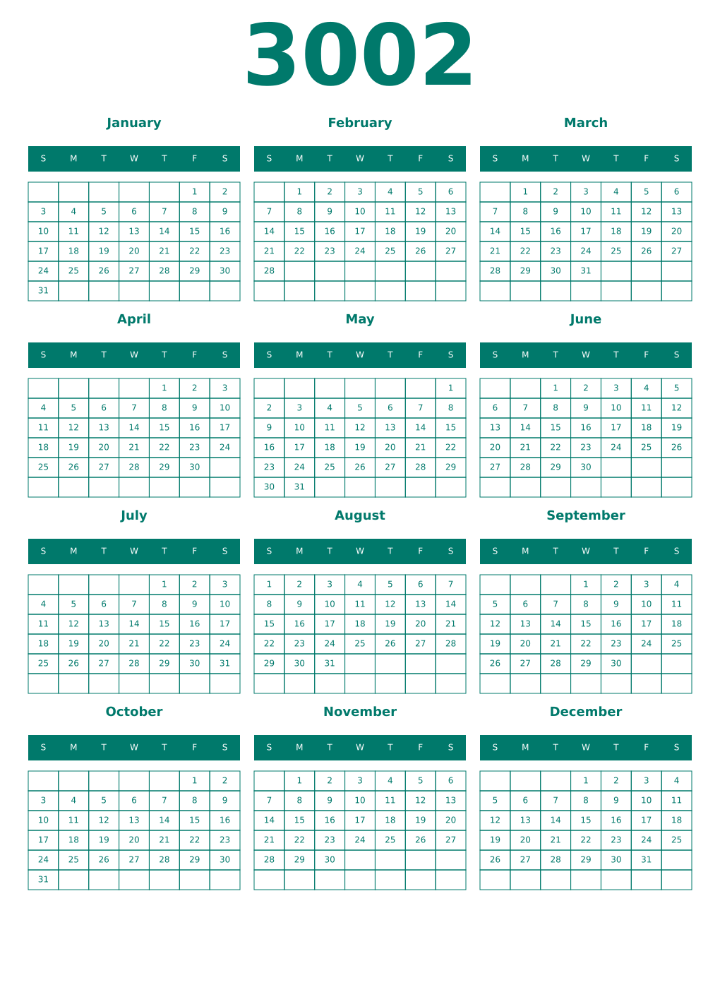 Printable 3002 Year Calendars pastel