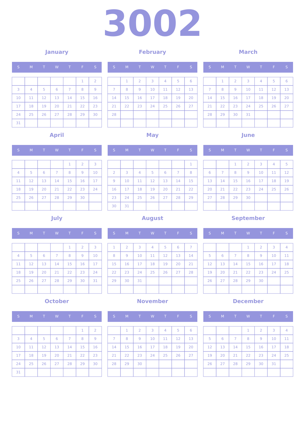 Printable 3002 Year Calendars periwinkle