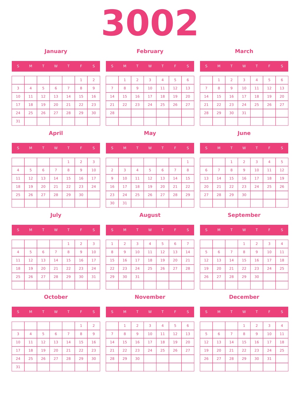 Printable 3002 Year Calendars pink