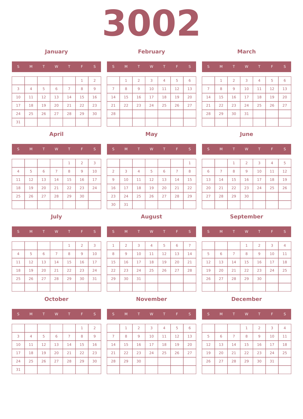 Printable 3002 Year Calendars puce