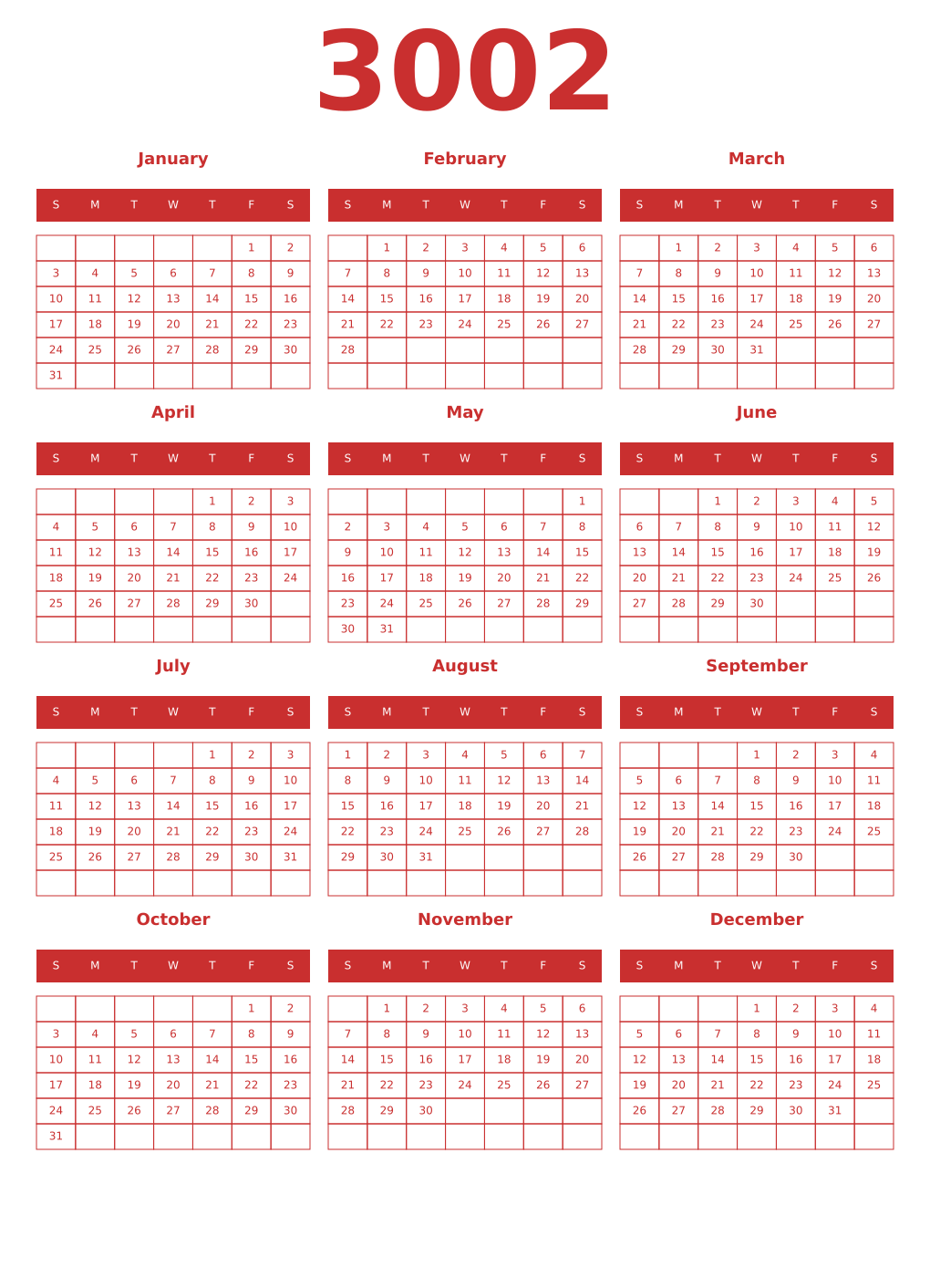 Printable 3002 Year Calendars red