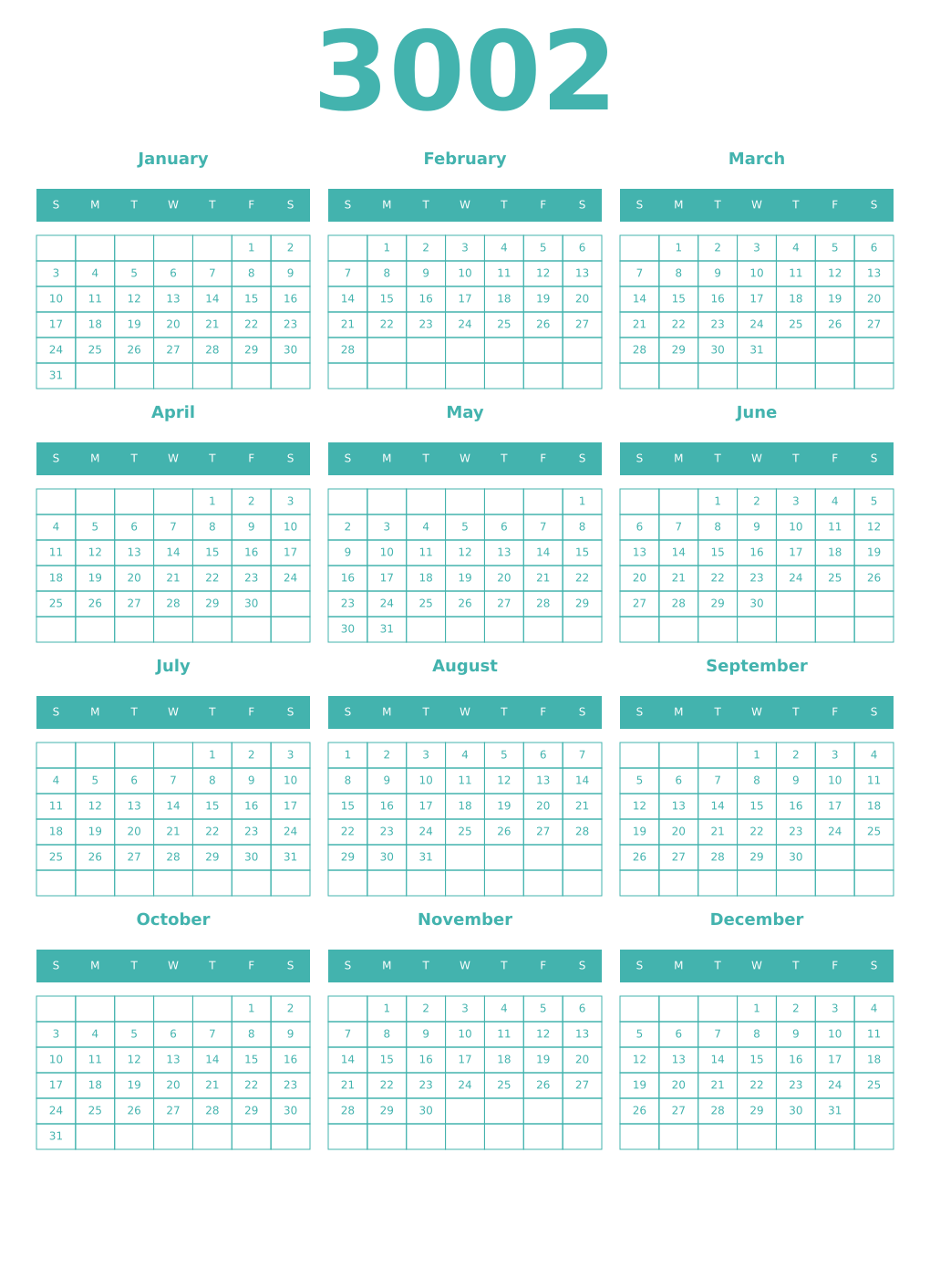 Printable 3002 Year Calendars verdigris