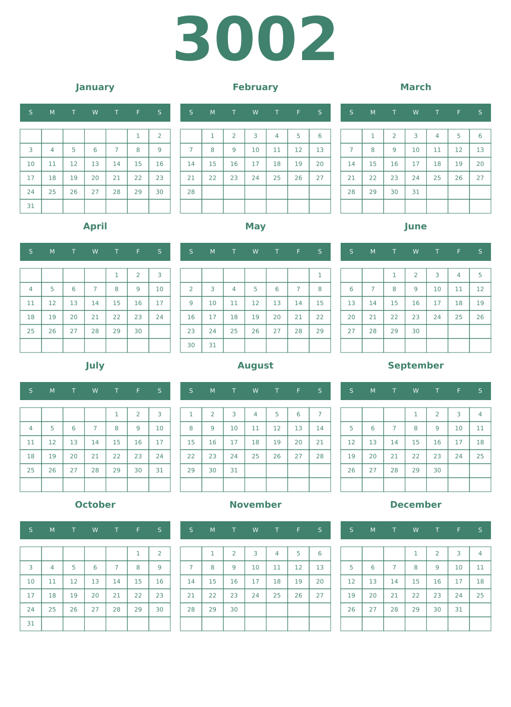 Printable 3002 Year Calendars viridian