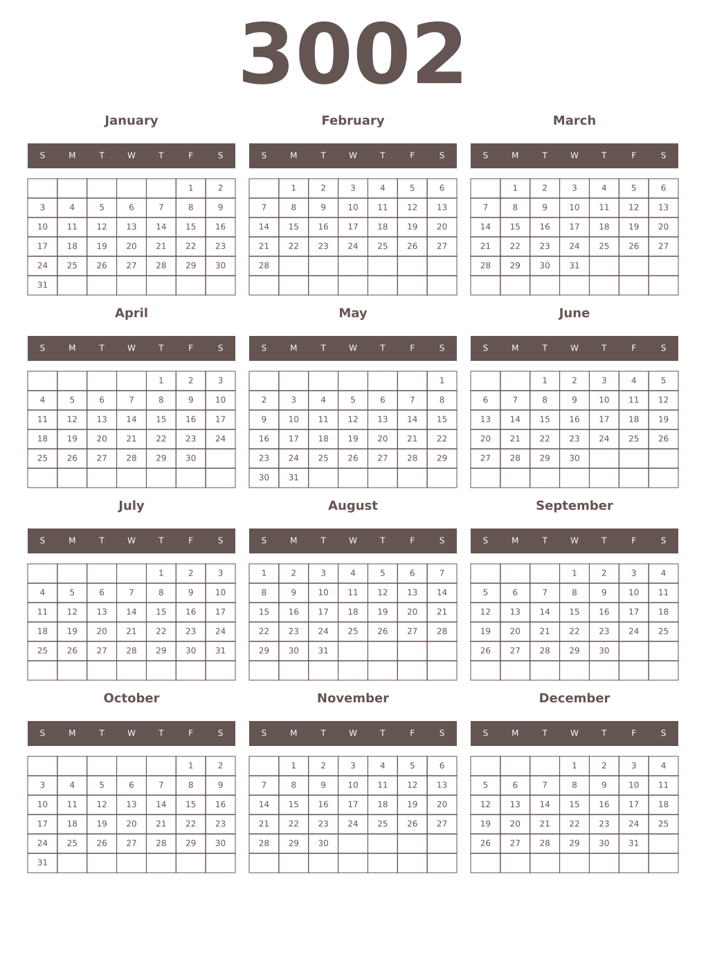 Printable 3002 Year Calendars wenge
