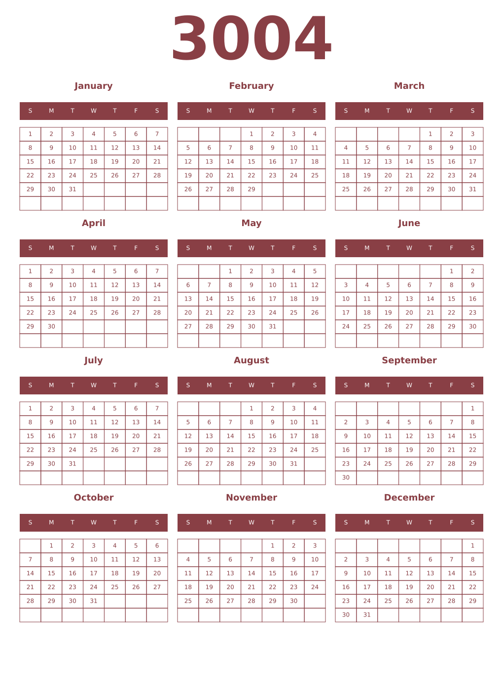 Printable 3004 Year Calendars cordovan