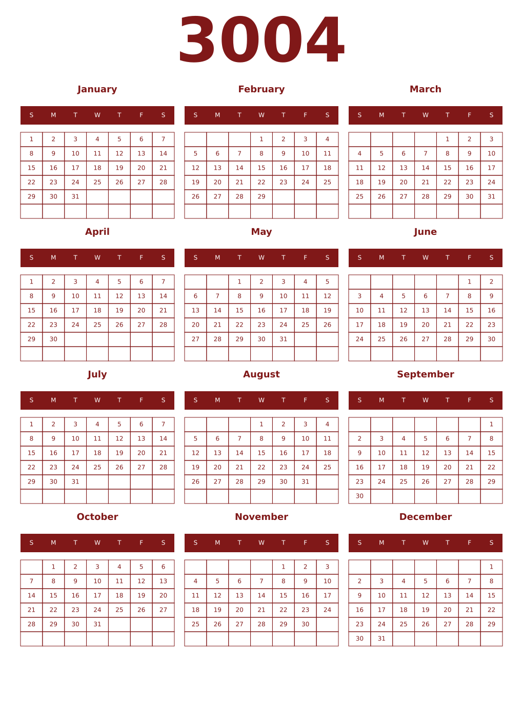 Printable 3004 Year Calendars falu