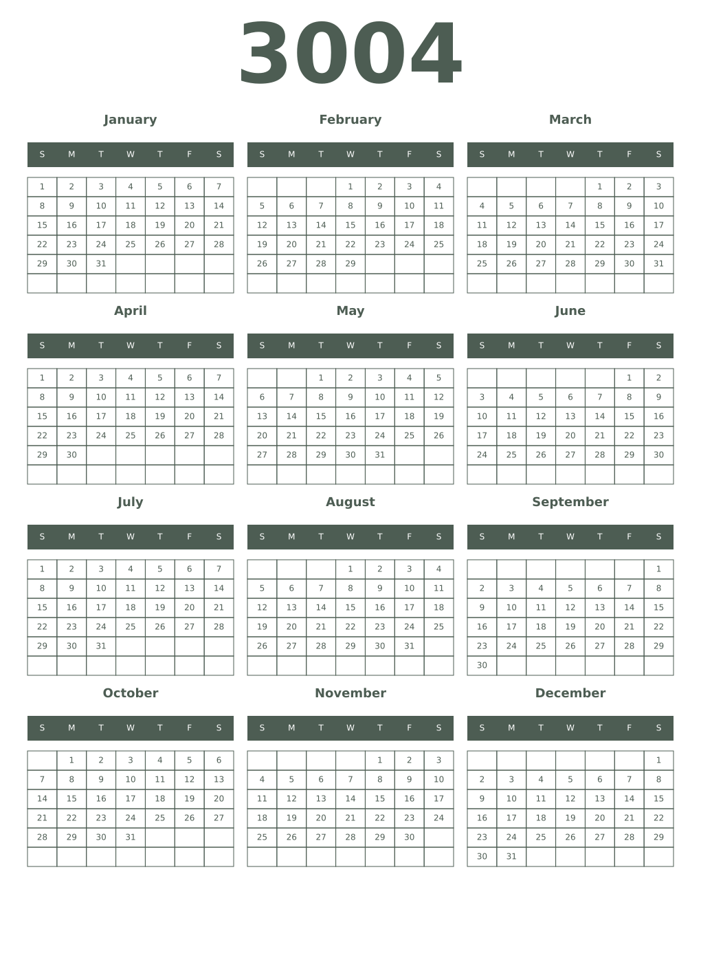 Printable 3004 Year Calendars feldgrau